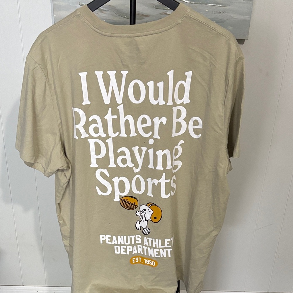 NWOT Peanuts Khaki Short-Sleeve Tee with Snoopy Athletics Graphic - Picture 2 of 3